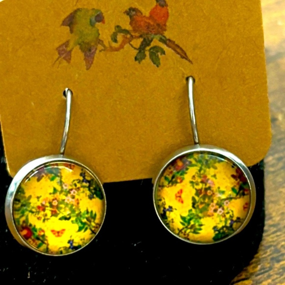 12mm Yellow Floral Print Stainless Steel Lever Back Earrings, NWT, Handmade